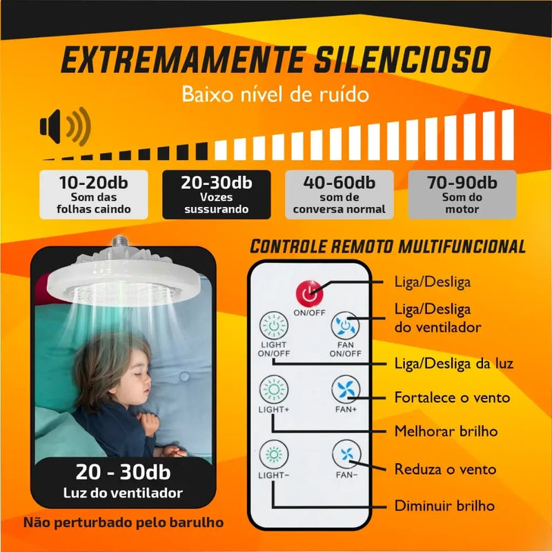 Kit com 3 Ventiladores Lâmpada De Teto Ajustável Luz Led Baixo Ruído Controle Remoto